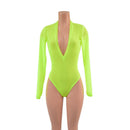 Sheer Neon Yellow Mesh Long Sleeve Brazilian Romper with Plunging V Neckline-6