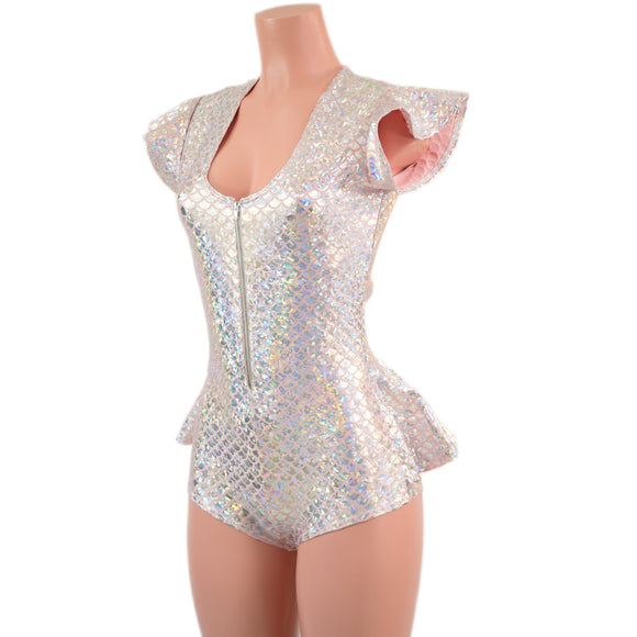 Zipper Front Ruffle Rump Romper in Silver/Pink Scale
