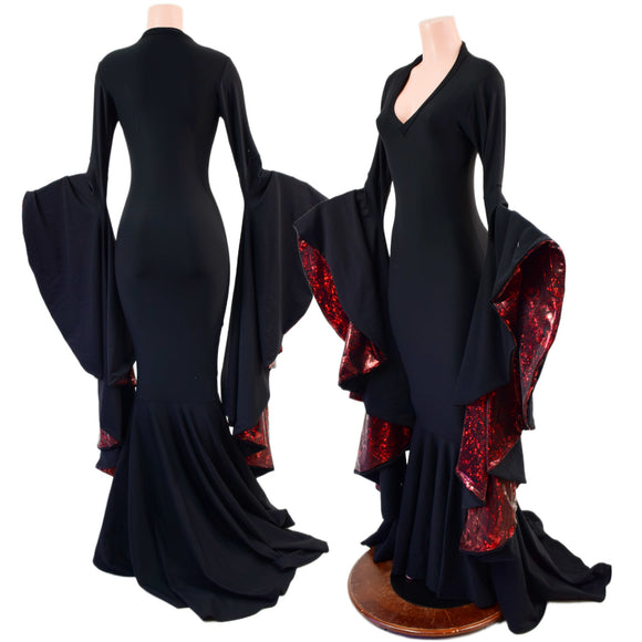 Morticia Gown with V Neckline & Primeval Red Lined Sorceress Sleeves