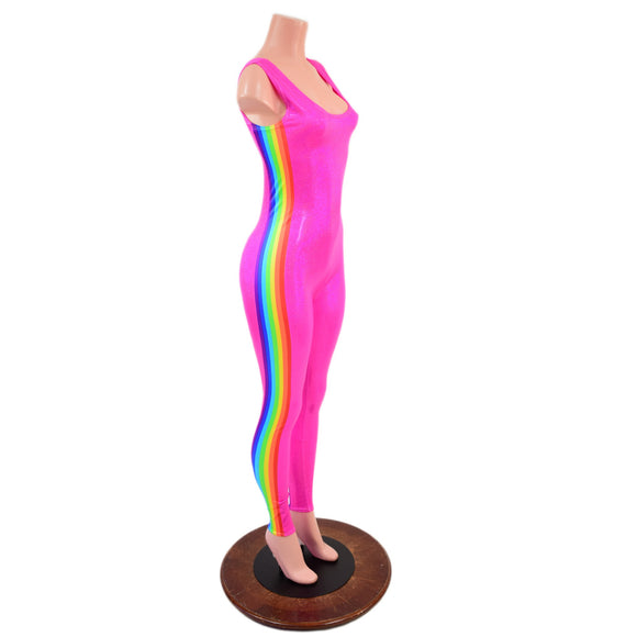 Retro Rainbow Striped Tank Style Catsuit in Neon Pink Sparkly Jewel