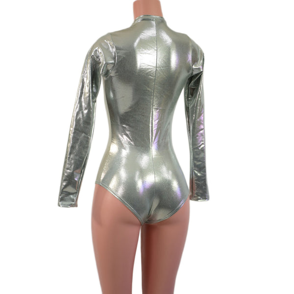 Platinum Metallic Long Sleeve Siren Romper with Plunging V Neckline - 2