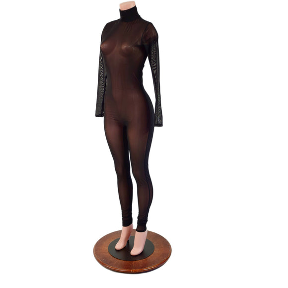Black Mesh Sheer Turtleneck Catsuit