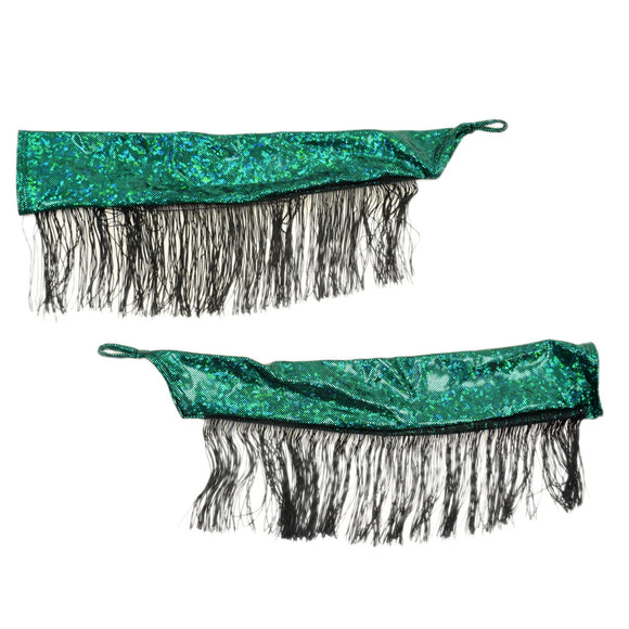 Green Kaleidoscope Arm Warmers with Fingerloops and 6" Black Chainette Fringe