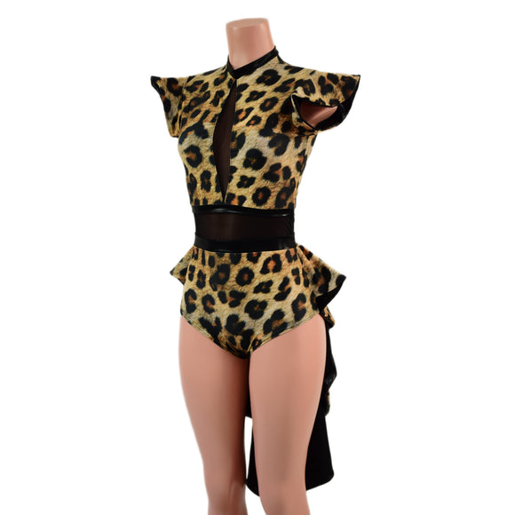 Leopard Print Tuxedo Back Romper with Inset Mesh Keyhole