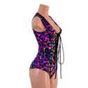 Rainbow Leopard Sleeveless Hoodie Romper with Plunging Laceup Neckline - 5