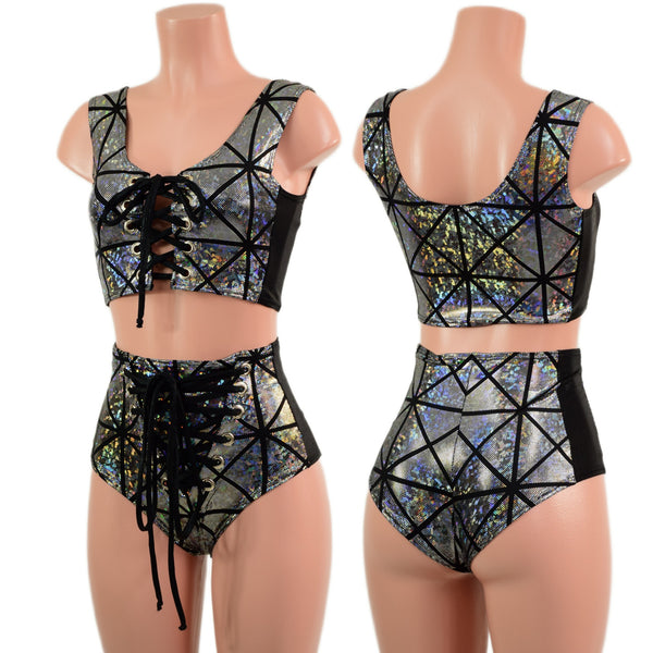 2PC Lace Up Side Panel Top & Siren Shorts Set - 1