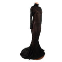 Black Mesh Zipper Back Gown with Long Sleeves, Turtleneck and Puddle Train - 4