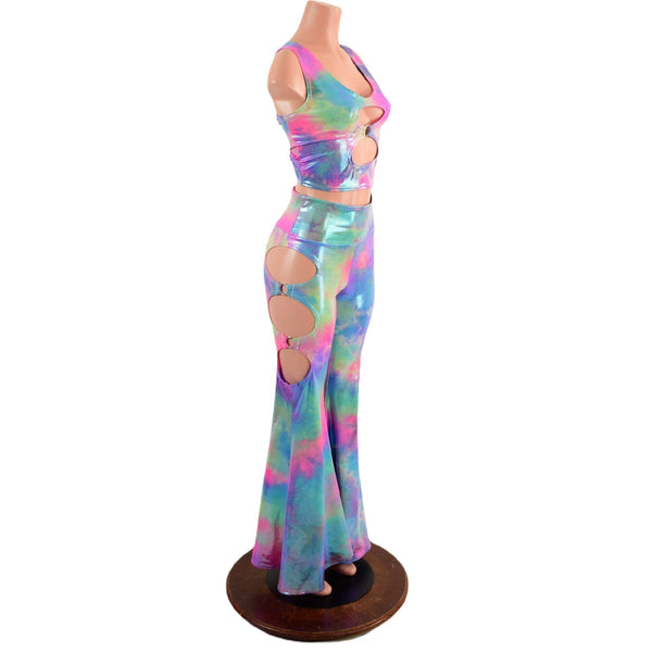 High Waist Solar Flares with Triple Cutouts and O-rings and Matching O-ring crop Tank Set - 3
