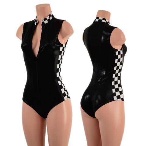 Black Mystique Sleeveless Stella Romper with Checkered Side Panels and Collar - Coquetry Clothing