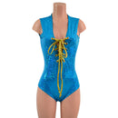 Turquoise Kaleidoscope Sleeveless Romper with Plunging Laceup Neckline-2
