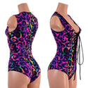 Rainbow Leopard Sleeveless Hoodie Romper with Plunging Laceup Neckline - 1