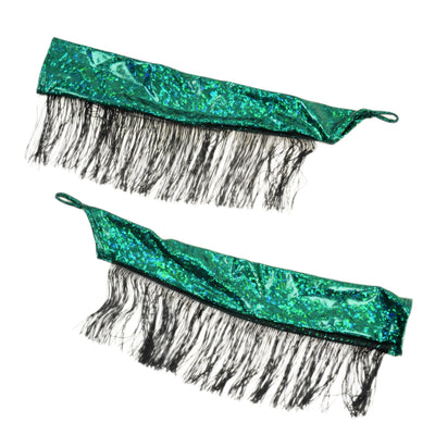 Green Kaleidoscope Arm Warmers with Fingerloops and 6" Black Chainette Fringe