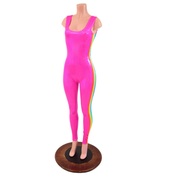 Retro Rainbow Striped Tank Style Catsuit in Neon Pink Sparkly Jewel