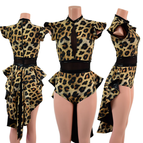 Leopard Print Tuxedo Back Romper with Inset Mesh Keyhole