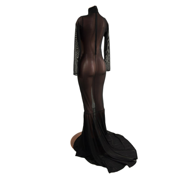 Black Mesh Zipper Back Gown with Long Sleeves, Turtleneck and Puddle Train - 3