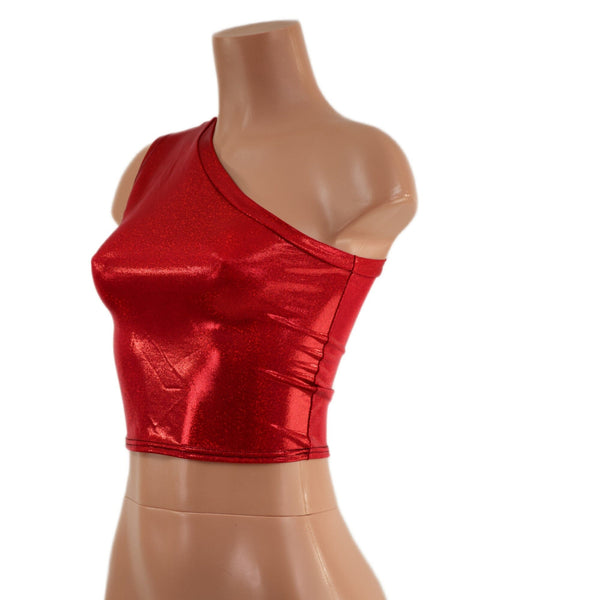 Red Sparkly Jewel One Shoulder Crop Top - 3