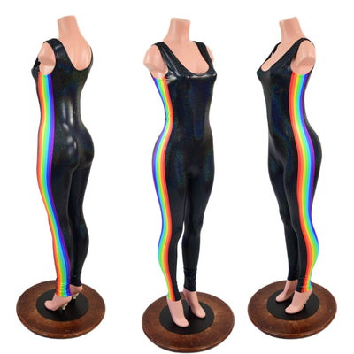 Retro Rainbow Striped Tank Style Catsuit in Black Holographic