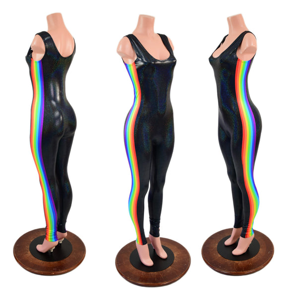 Retro Rainbow Striped Tank Style Catsuit in Black Holographic