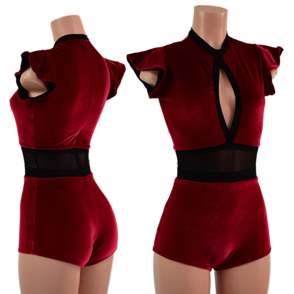 Red Velvet Keyhole & Mesh Romper with Boy Cut Leg