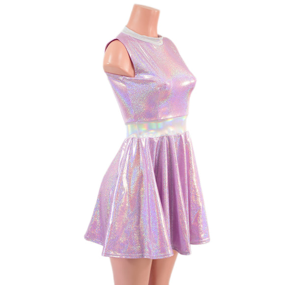 Lilac Holographic Sleeveless Skater Dress with Flashbulb Waistband and Collar