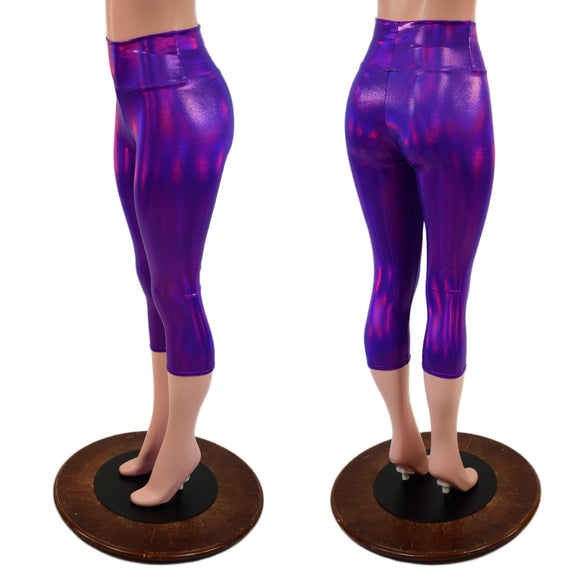 High Waist Capri Leggings in Grape Holographic