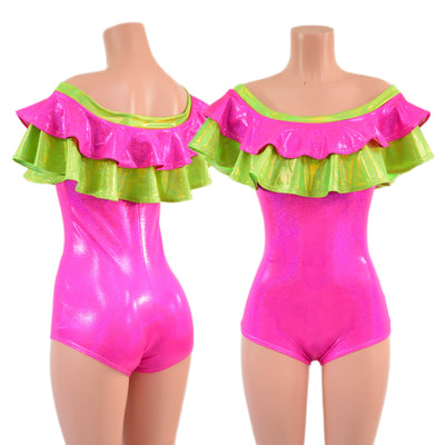 Off Shoulder Double Ruffle Romper with Boy Cut Leg