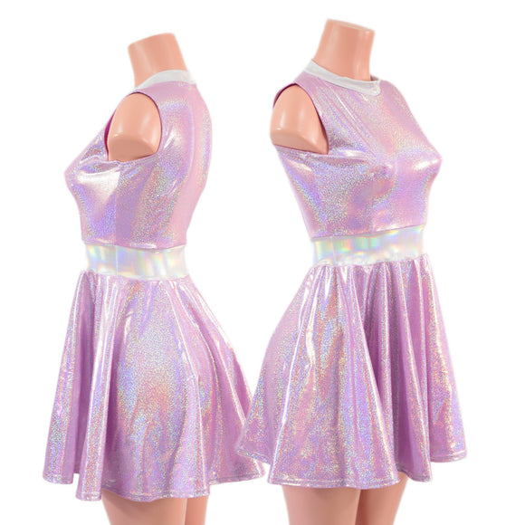 Lilac Holographic Sleeveless Skater Dress with Flashbulb Waistband and Collar