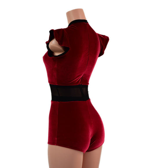 Red Velvet Keyhole & Mesh Romper with Boy Cut Leg