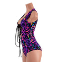 Rainbow Leopard Sleeveless Hoodie Romper with Plunging Laceup Neckline - 3