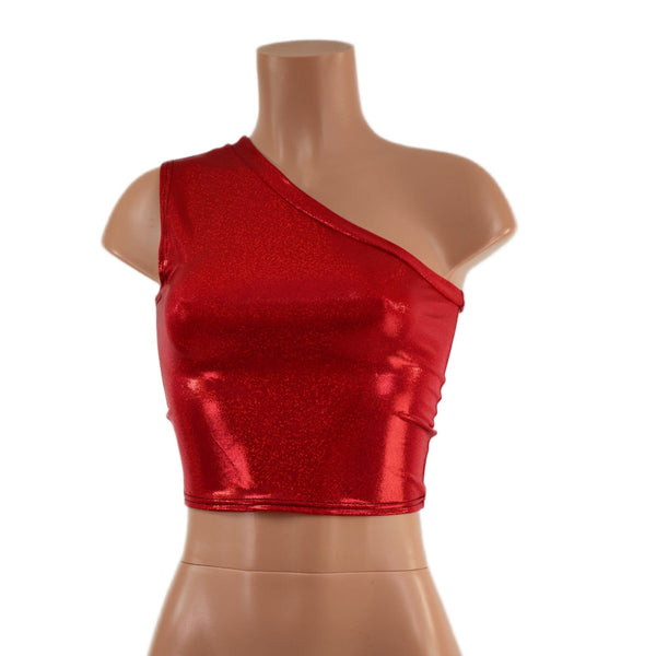 Red Sparkly Jewel One Shoulder Crop Top - 2