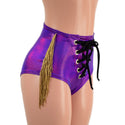 Grape Holo Laceup Front Siren Shorts with Gold Fringe and Black Ties - 4
