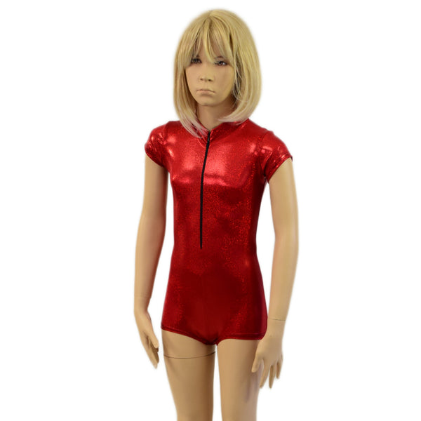 Kids Red Sparkly Jewel Zipper Front Romper with Cap Sleeves - 4