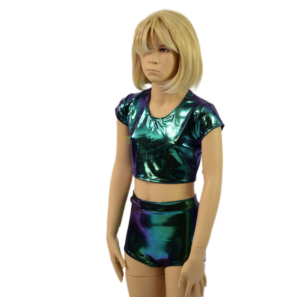 Childrens High Waist Brief Cut Shorts and Cap Sleeve Crop Top Set - 3