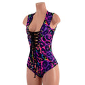 Rainbow Leopard Sleeveless Hoodie Romper with Plunging Laceup Neckline - 2