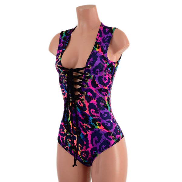 Rainbow Leopard Sleeveless Hoodie Romper with Plunging Laceup Neckline - 2