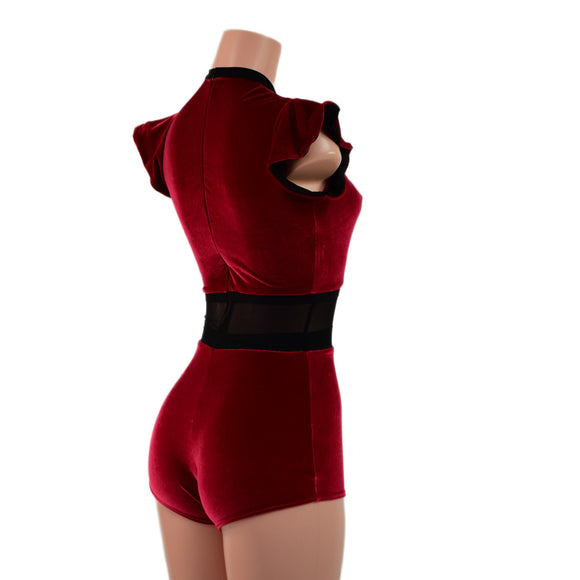 Red Velvet Keyhole & Mesh Romper with Boy Cut Leg