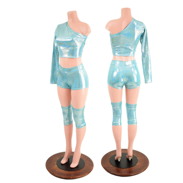 4PC Seafoam Wrestling Shorts, Crop Top and Knee Pad Covers Set - 5