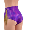 Grape Holo Laceup Front Siren Shorts with Gold Fringe and Black Ties - 3