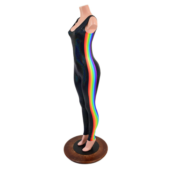 Retro Rainbow Striped Tank Style Catsuit in Black Holographic