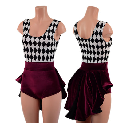 Burgundy Velvet and Diamond Print MINI Tux Back Romper
