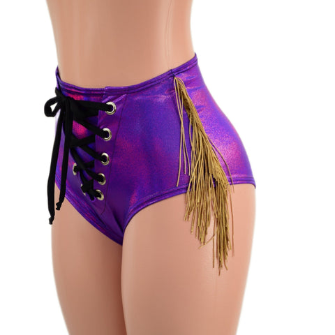 Grape Holo Laceup Front Siren Shorts with Gold Fringe and Black Ties - Coquetry Clothing