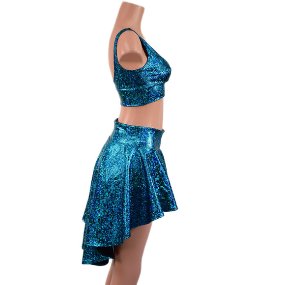 2PC Starlette Bralette and Hi Lo Skirt Set in Turquoise on Black Shattered Glass
