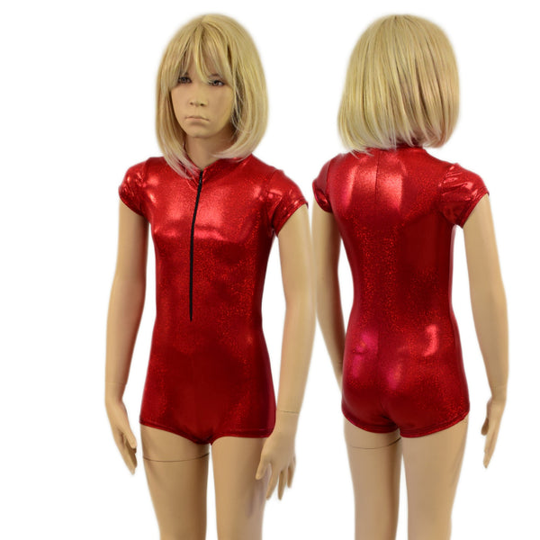 Kids Red Sparkly Jewel Zipper Front Romper with Cap Sleeves - 1