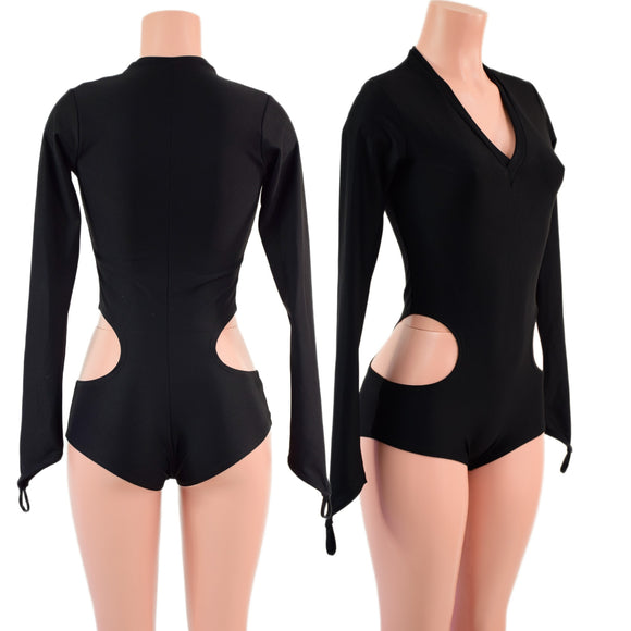 Black Zen Hipnotic Romper with Boy Cut Leg, V Neck, and Fingerloops