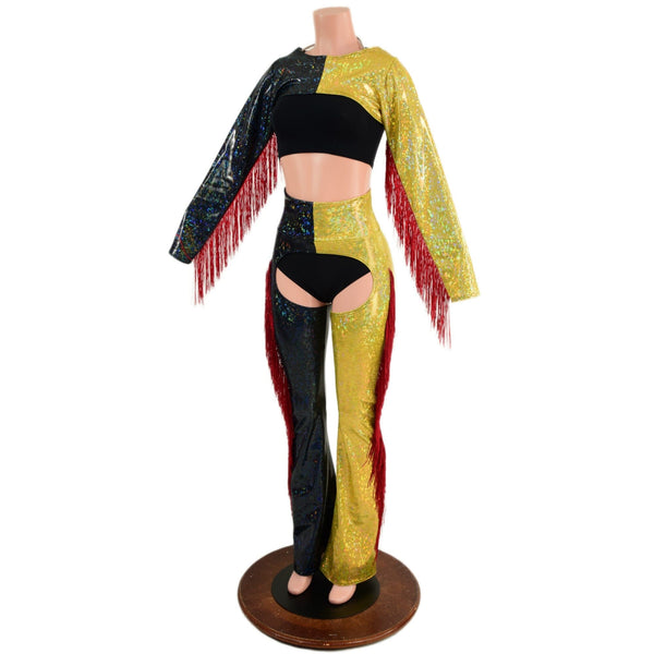 2PC Red, Black and Gold Fringe Bolero and Bootcut Chaps Set (Shorts and crop top sold separately) (Copy) - 6