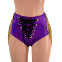 Grape Holo Laceup Front Siren Shorts with Gold Fringe and Black Ties - 2
