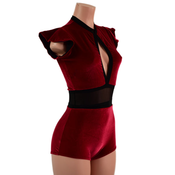 Red Velvet Keyhole & Mesh Romper with Boy Cut Leg