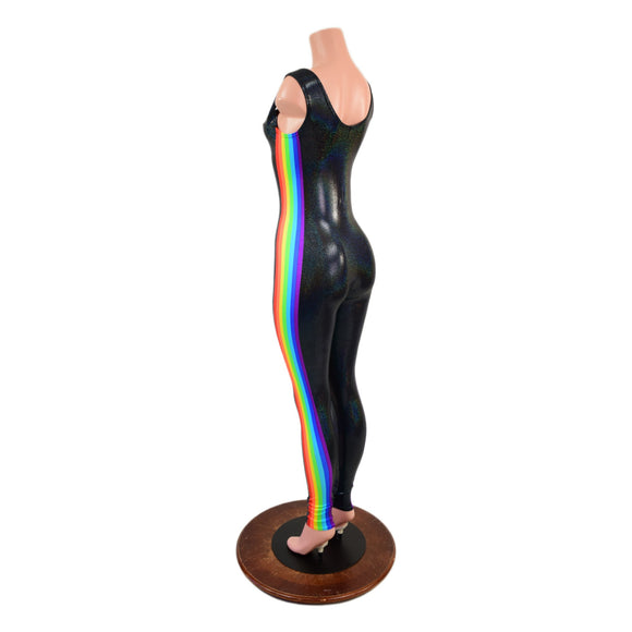 Retro Rainbow Striped Tank Style Catsuit in Black Holographic