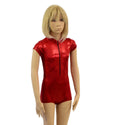 Kids Red Sparkly Jewel Zipper Front Romper with Cap Sleeves - 3