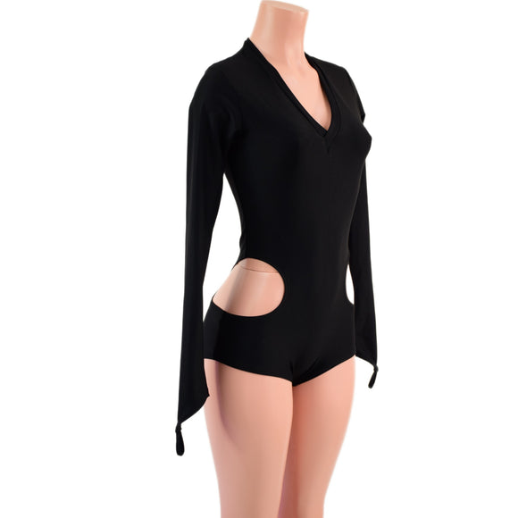 Black Zen Hipnotic Romper with Boy Cut Leg, V Neck, and Fingerloops